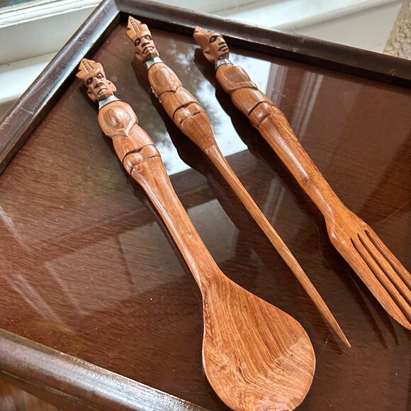 Vintage Hand Carved African Tribal Knife Fork Spoon Serving Utensils - Picture 8 of 15